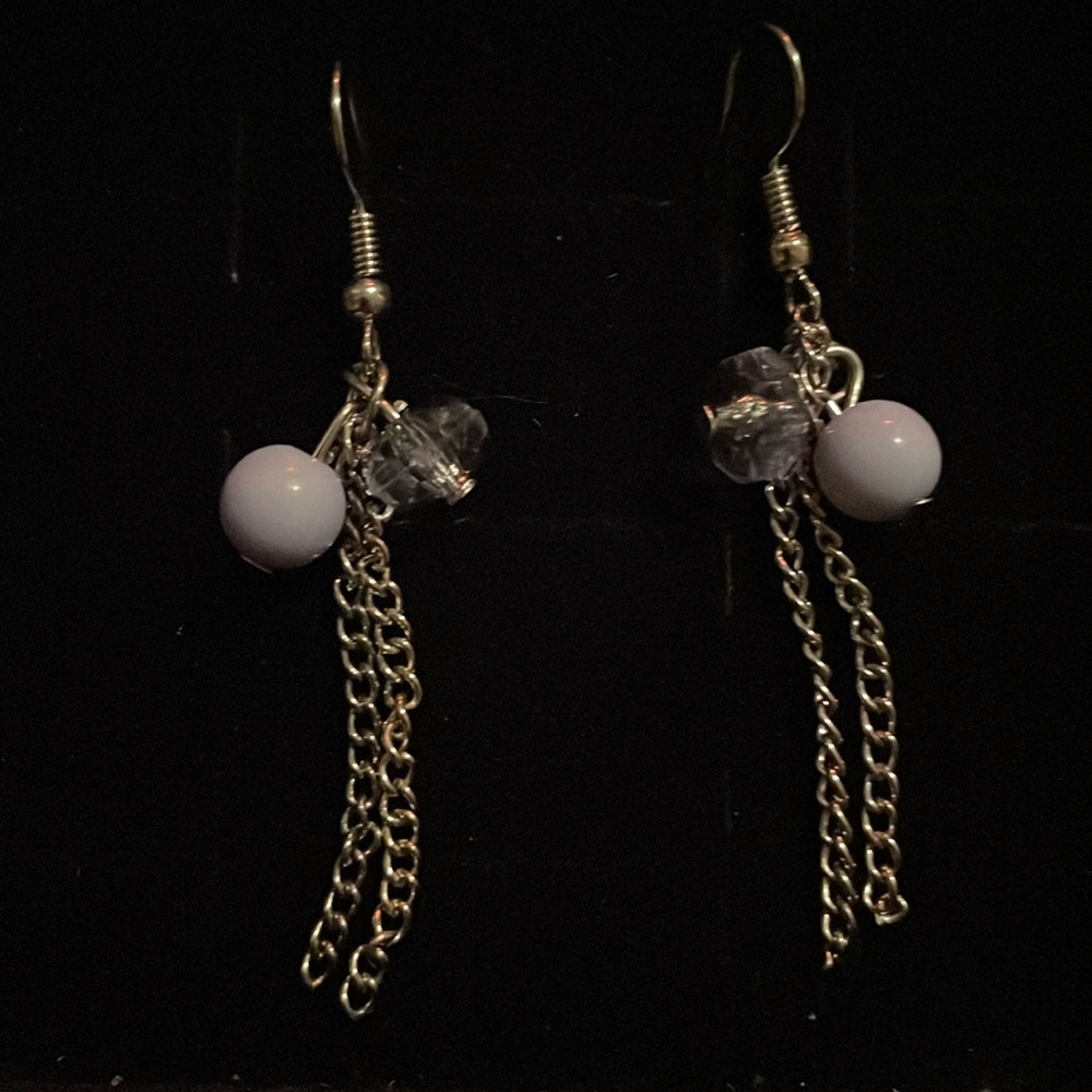 Vintage baby blue beaded silver dangle chain earrings